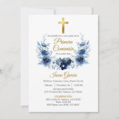 ブルーフラワーズリースファーストコミューンスペインのイン 招待状 (正面)