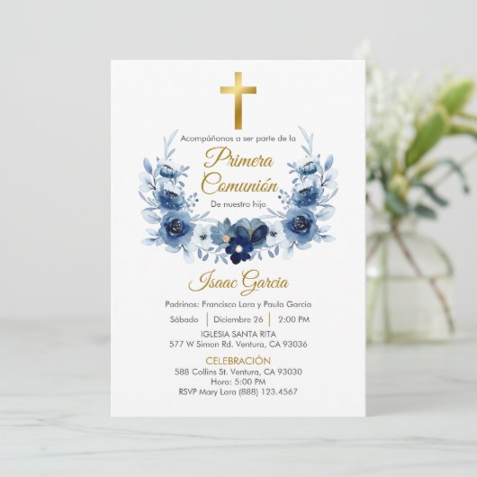 ブルーフラワーズリースファーストコミューンスペインのイン 招待状 (スタンド正面)