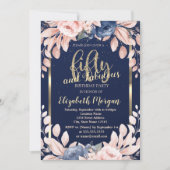 ブルーフラワーズ紙吹雪ネイビーブルー50誕生日 招待状 (正面)