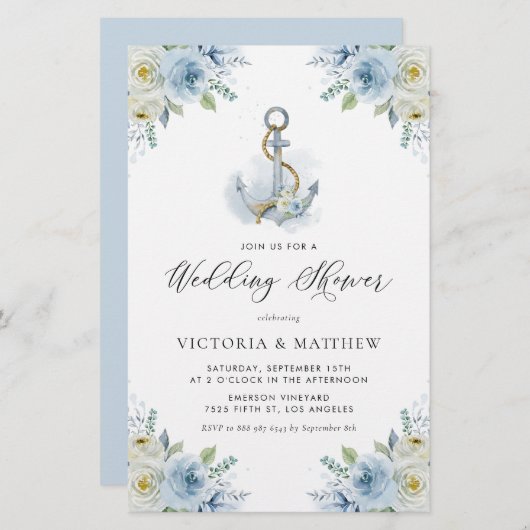 ブルーフラワーズ航海のウェディングシャワー招待状 (正面/裏面)