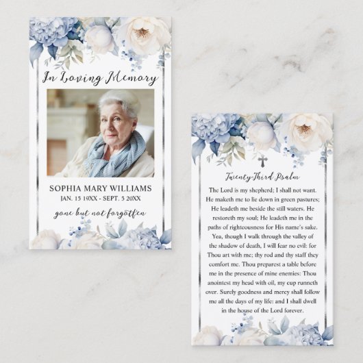 ブルーフラワーズ葬儀記念祈りの言葉フォトカード 名刺 (正面/裏面)