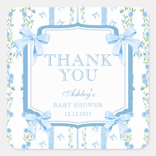 ブルーフラワーズ&ボウボーイボーイベビーシャワーありがとう スクエアシール (正面)