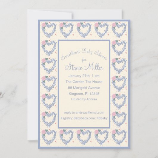 ブルーフラワーハートとボウズベビーシャワー招待状 招待状 (正面)