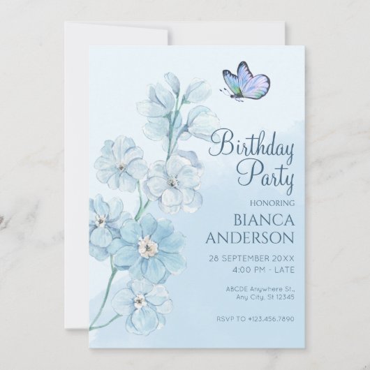 ブルーフラワーバタフライウォーターカラー誕生日 招待状 (正面)