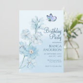 ブルーフラワーバタフライウォーターカラー誕生日 招待状 (スタンド正面)