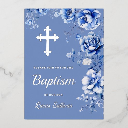 ブルーフラワーバプテスマ 箔招待状 (正面)