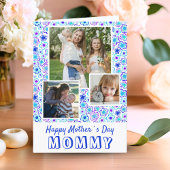 ブルーフラワーパターンハッピー母の日3写真 カード