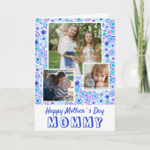 ブルーフラワーパターンハッピー母の日3写真 カード (正面)
