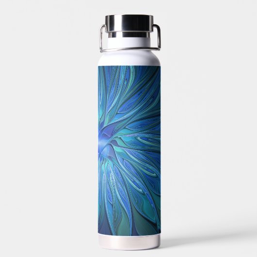 ブルーフラワーファンタジーパターン、抽象芸術フラクタル芸術 ウォーターボトル (背面)