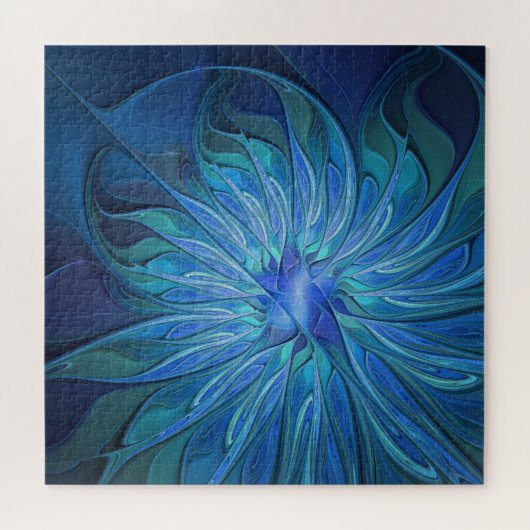 ブルーフラワーファンタジーパターン、抽象芸術フラクタル芸術 ジグソーパズル (横)