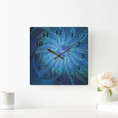 ブルーフラワーファンタジーパターン、抽象芸術フラクタル芸術 スクエア壁時計 (ホーム)
