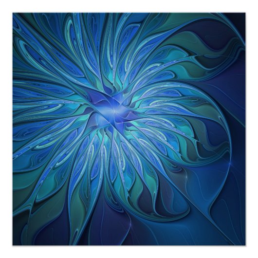 ブルーフラワーファンタジーパターン、抽象芸術フラクタル芸術 ポスター (正面)