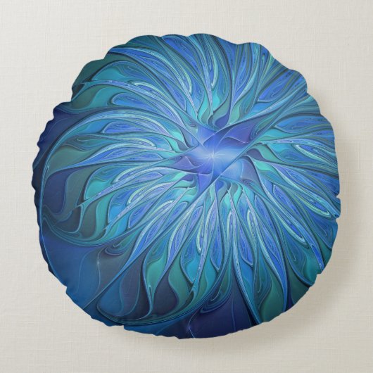 ブルーフラワーファンタジーパターン、抽象芸術フラクタル芸術 ラウンドクッション (正面)
