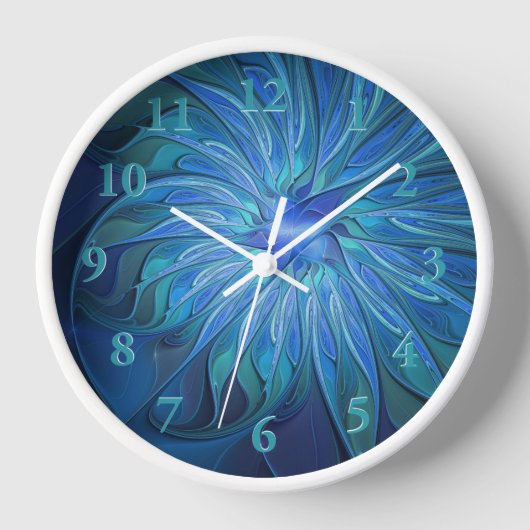 ブルーフラワーファンタジーパターン、抽象芸術フラクタル芸術 壁時計 (正面)