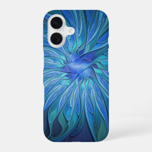 ブルーフラワーファンタジーパターン、抽象芸術フラクタル芸術 iPhone 16ケース