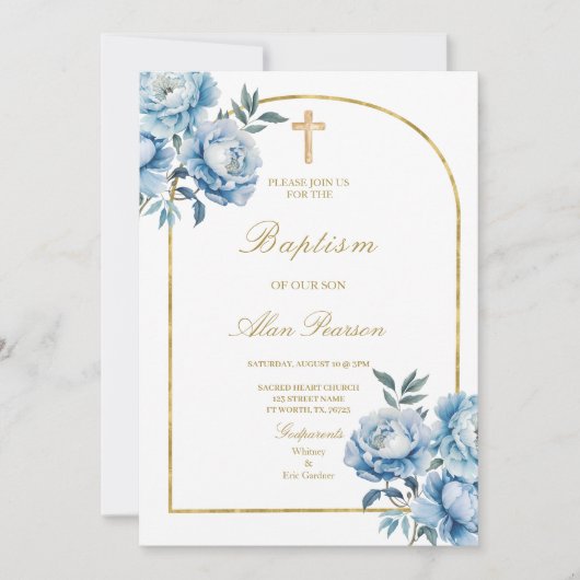 ブルーフラワーフローラ少年バプテスマ 招待状 (正面)