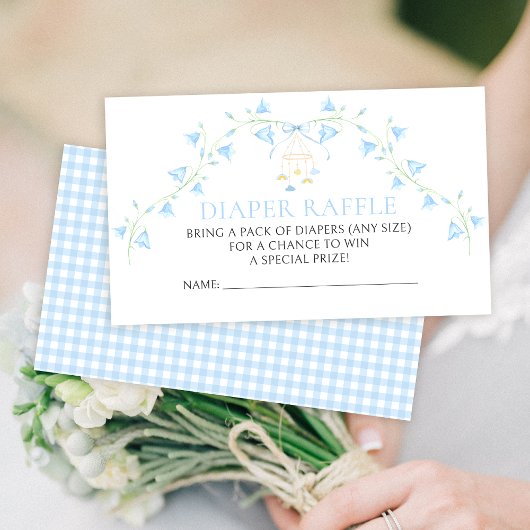 ブルーフラワーブルーベル赤ちゃんシャワーおむつラッフル エンクロージャーカード