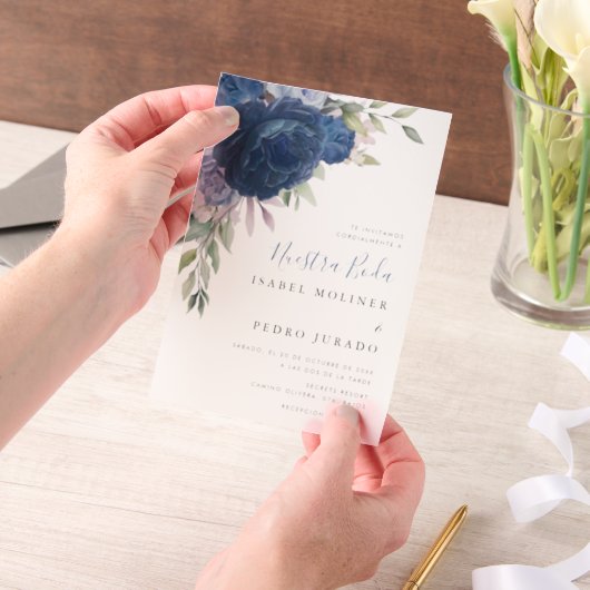 ブルーフラワーブーケヌエストラボダスペインの結婚ズ ベラム紙招待状 (ポータブル)
