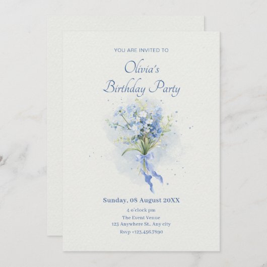 ブルーフラワーブーケ誕生日 招待状 (正面/裏面)