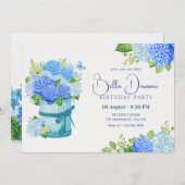 ブルーフラワーブーケ誕生日 招待状 (正面/裏面)
