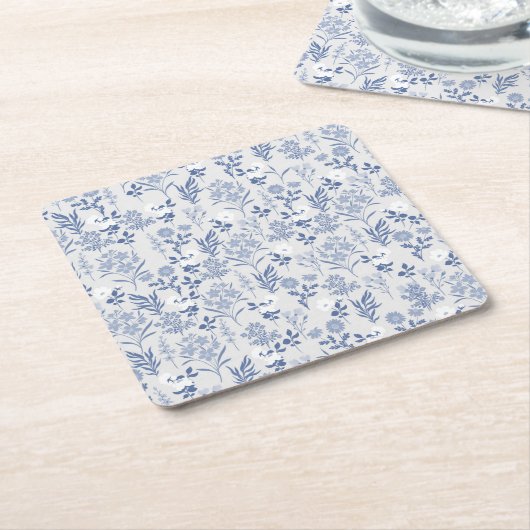 ブルーフラワーボタニカル絵画ズ スクエアペーパーコースター (アングル)