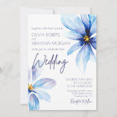 ブルーフラワーミニマリストエレガントな結婚式 招待状 (正面)
