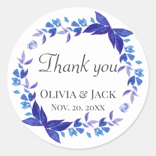 ブルーフラワーリースありがとう結婚式の引き出物シール ラウンドシール (正面)