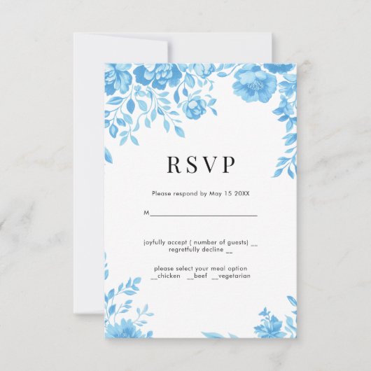 ブルーフラワーレトロフローラ結婚式RSVP 出欠カード (正面)