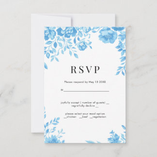 ブルーフラワーレトロフローラ結婚式RSVP 出欠カード