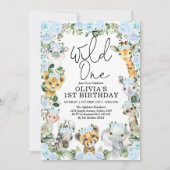 ブルーフラワーワイルドワンジャングルサファリ第1誕生日 招待状 (正面)