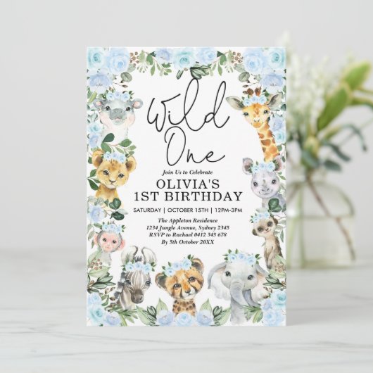 ブルーフラワーワイルドワンジャングルサファリ第1誕生日 招待状 (スタンド正面)