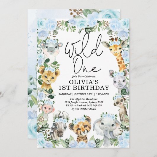 ブルーフラワーワイルドワンジャングルサファリ第1誕生日 招待状 (正面/裏面)