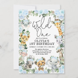 ブルーフラワーワイルドワンジャングルサファリ第1誕生日 招待状
