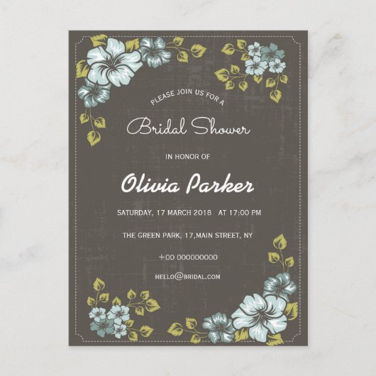 ブルーフラワー招待状ブライダルシャワー インビテーションポストカード (正面)