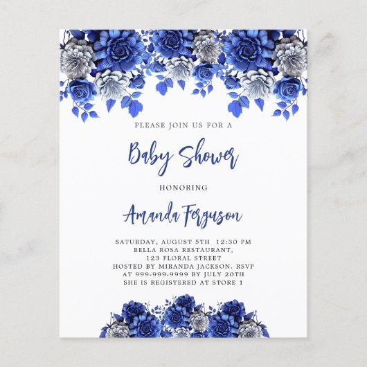 ブルーフラワー王室のク予算の赤ちゃんシャワー チラシ (正面)