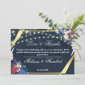 ブルーフラワー素朴金ゴールドウッドストリングライツ結婚ズ サンキューカード (スタンド正面)