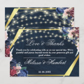 ブルーフラワー素朴金ゴールドウッドストリングライツ結婚ズ サンキューカード (正面/裏面)