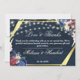 ブルーフラワー素朴金ゴールドウッドストリングライツ結婚ズ サンキューカード