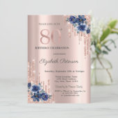 ブルーフラワー グリッター ドリップ ローズゴールド 80周年 招待状 (スタンド正面)