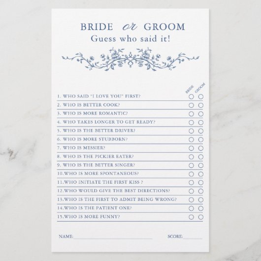 ブルーフランスのの新郎新婦ブライダルシャワーゲーム (正面)