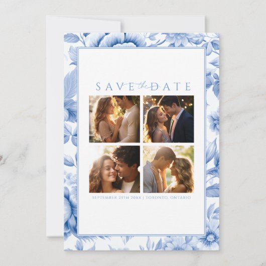 ブルーフランスのトイルフローラ結婚式の日付を保存 招待状 (裏面)