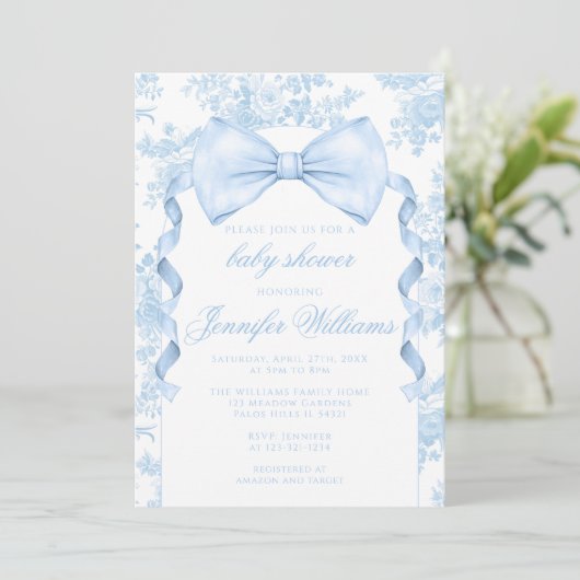 ブルーフランスのトイルボウタイリボン男の赤ちゃんシャワー 招待状 (スタンド正面)