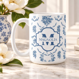 ブルーフランスのトワル・ド・ジュイ柄 花の名前 モノグラム コーヒーマグカップ