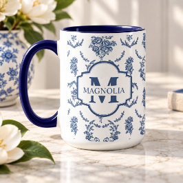 ブルーフランスのトワール柄 花の名前モノグラム マグカップ