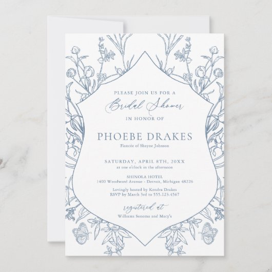 ブルーフランスのビクトリアンフローラクレストブライダルシャワー 招待状 (正面)