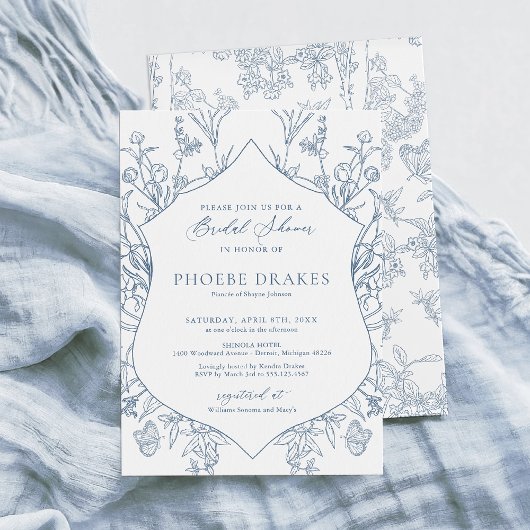 ブルーフランスのビクトリアンフローラクレストブライダルシャワー 招待状