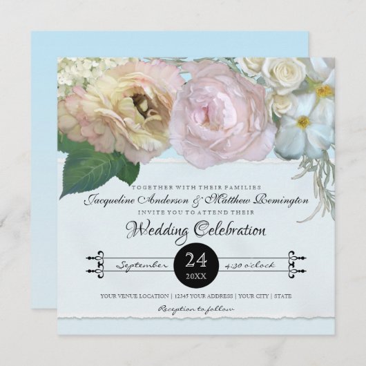 ブルーフランスのフローラフラワー牡丹タイポグラフィ結婚ズ 招待状 (正面/裏面)