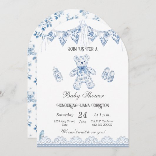 ブルーフランスのベア男の赤ちゃんシャワー招待状 招待状 (正面/裏面)
