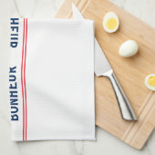 ブルーフランスのボヌール&レッドキッストライプのチン キッチンタオル (四つ折り)