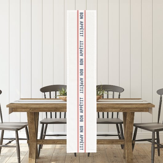 ブルーフランスのボンアペティ&レッドストライプの ショートテーブルランナー